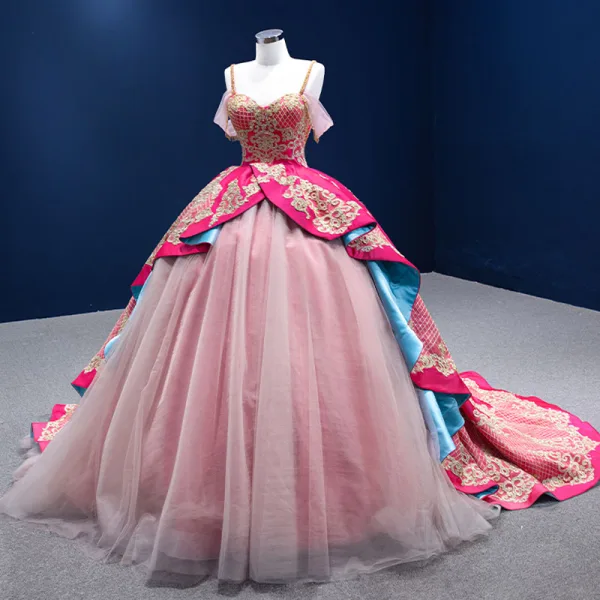 Fancy Fuchsia Multi-Colors Prom Dresses 2022 Ball Gown Spaghetti Straps Sleeveless Backless Beading Lace Flower Sequins Satin Chapel Train Formal Dresses