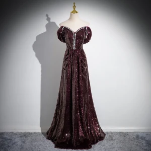 Scintillantes Vintage Originale Bordeaux Perlage Paillettes Robe De Bal 2024 Princesse De L Épaule Manches Courtes Dos Nu Longue Promo Robe De Ceremonie
