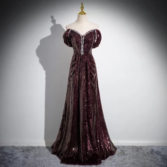 Sparkly Vintage Retro Burgundy Beading Sequins Prom Dresses 2024 A Line Princess Off The Shoulder Short Sleeve Backless Floor Length Long Prom Formal Dresses