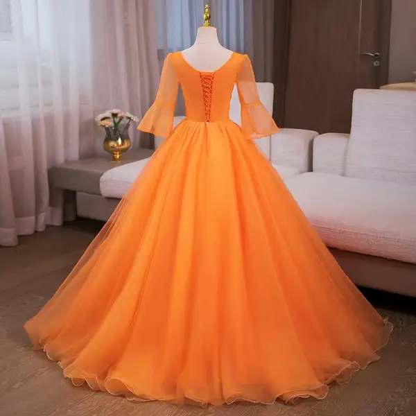 Chic / Beautiful Ocean Blue Sequins Prom Dresses 2024 Ball Gown V-Neck Bell sleeves Backless Floor-Length / Long Tulle Prom Formal Dresses