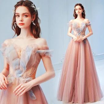 Élégant Rougissant Rose Perle Paillettes Plissée Robe De Bal 2022 Princesse De L Épaule Manches Courtes Dos Nu Longue Robe De Ceremonie