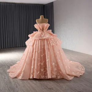 Mote Luksus Orange Sommerfugl Appliques Gripende Ruffles Ballkjoler 2024 Ballkjole Strapless Uten Ermer Ryggløse Chapel Train Ball Formelle Kjoler
