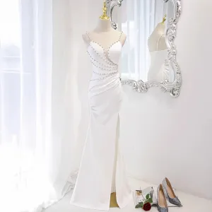 Sexy White Pearl Rhinestone Split Front Evening Dresses 2023 Trumpet Mermaid Spaghetti Straps Sleeveless Backless Floor Length Long Evening Party Formal Dresses