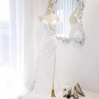 Sexy Witte Parel Rhinestone Split Voorzijde Avondjurken 2023 Trompet Zeemeermin Spaghettibandjes Mouwloos Ruglooze Lange Avond Gelegenheid Jurken