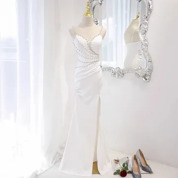 Sexy White Pearl Rhinestone Split Front Evening Dresses 2023 Trumpet Mermaid Spaghetti Straps Sleeveless Backless Floor Length Long Evening Party Formal Dresses