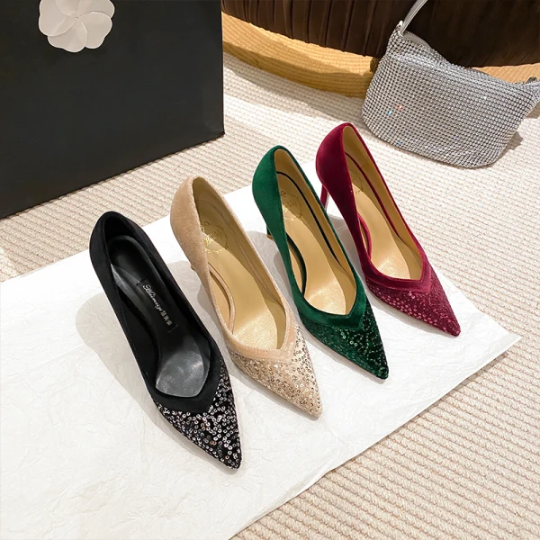 Fashion Nude Evening Party Suede Sequins Pumps 2023 Leather 8 cm Stiletto Heels Pointed Toe Pumps High Heels