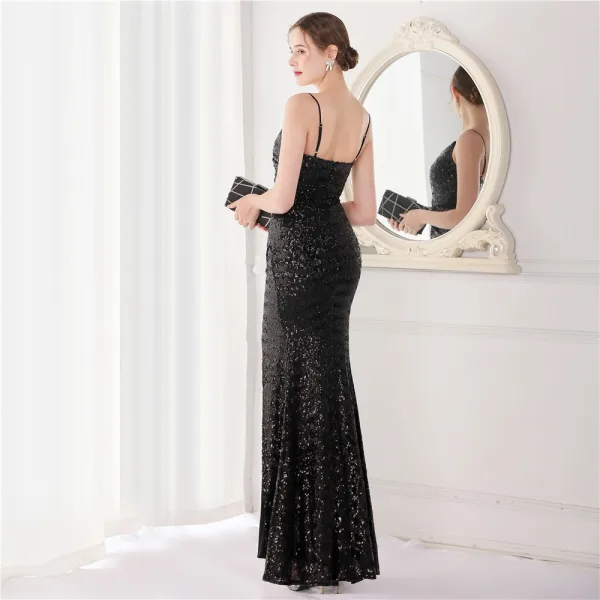 Sexy Beige Paillettes Robe De Soirée 2022 Trompette / Sirène Bretelles Spaghetti Sans Manches Dos Nu Longue Soirée Robe De Ceremonie