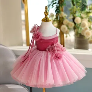 Chic Belle Fushia Appliques Anniversaire Robe Ceremonie Fille 2025 Robe Boule Bretelles Spaghetti Sans Manches Dos Nu Longue Robe Ceremonie Fille