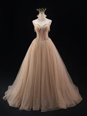 Charmant Kaki Perlage Robe De Bal 2024 Robe Boule Col Haut Sans Manches Dos Nu Train De Balayage Promo Robe De Ceremonie