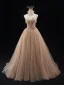 Charming Khaki Beading Prom Dresses 2024 Ball Gown High Neck Sleeveless Backless Sweep Train Prom Formal Dresses