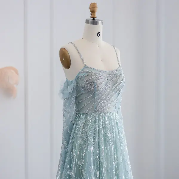 Sexy Mint Green Beading Sequins Prom Dresses 2024 A-Line / Princess Spaghetti Straps 3/4 Sleeve Backless Floor-Length / Long Prom Formal Dresses