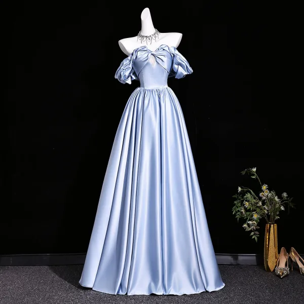 New Money Sky Blue Satin Prom Dresses 2026 Ball Gown Off-The-Shoulder Ruffle Short Sleeve Backless Floor-Length / Long Formal Dresses