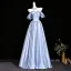 New Money Sky Blue Satin Prom Dresses 2026 Ball Gown Off-The-Shoulder Ruffle Short Sleeve Backless Floor-Length / Long Formal Dresses