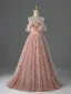 Elegante Rosa Pailletten Ballkleider 2026 Ballkleid Bandeau Ärmellos Rückenfreies Sweep / Pinsel Zug Festliche Kleider