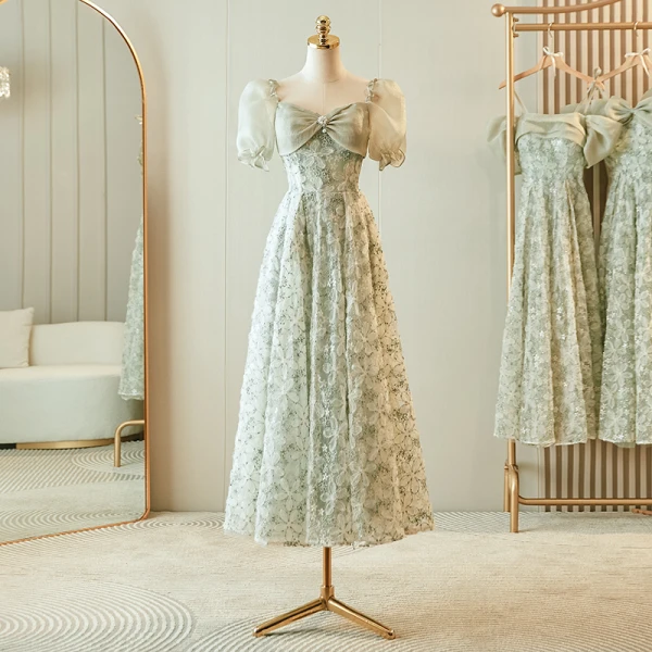 Chic / Belle Vert Cendré Appliques Robe Demoiselle D'honneur 2023 Princesse Noeud Manches Courtes Dos Nu Longue Robe Demoiselle D'honneur