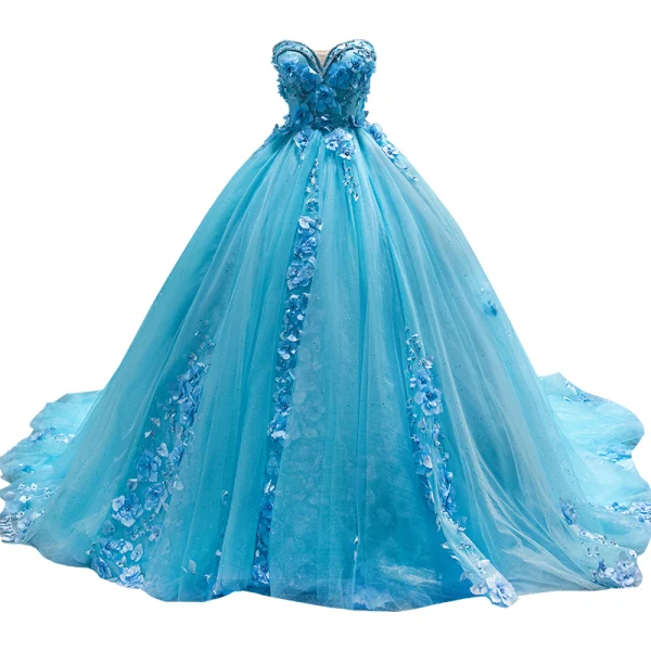 Fashion Pool Blue Pearl Rhinestone Appliques Prom Dresses 2022 Ball Gown Strapless Sleeveless Floor-Length / Long Formal Dresses