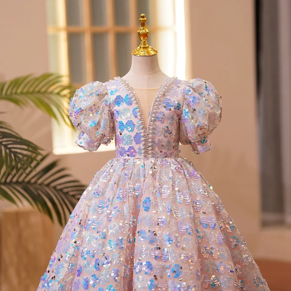 Scintillantes Mode Rougissant Rose Perle Faux Diamant Paillettes Anniversaire Robe Ceremonie Fille 2022 Robe Boule Encolure Carrée Gonflée Manches Courtes Dos Nu Longue Robe Ceremonie Fille