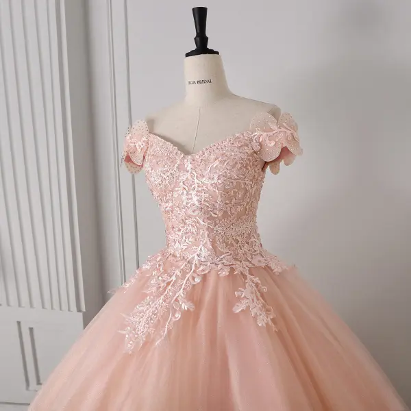 Élégant Rougissant Rose Fait main Perlage Paillettes En Dentelle Fleur Robe De Bal 2026 Robe Boule De l'épaule Sans Manches Dos Nu Longue Tulle Robe De Ceremonie