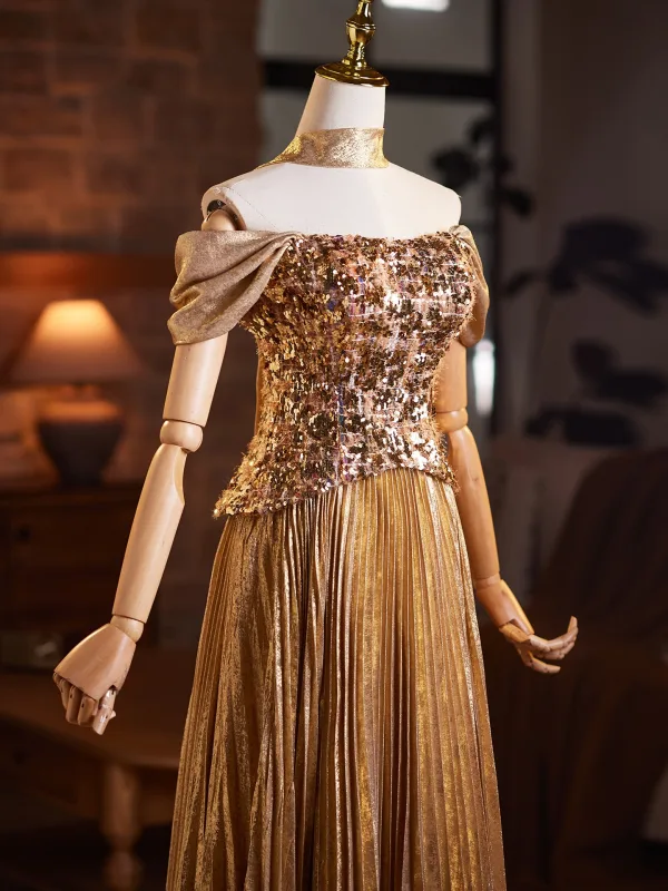 gold prom dresses 2026 Gold Rhinestone Beaded Sheath Split Prom Dress