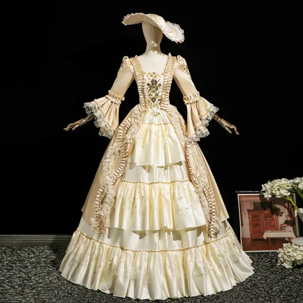 Vintage / Retro Medieval Champagne Lace Flower Sequins Prom Dresses 2025 Ball Gown Square Neckline Cap Sleeves Floor-Length / Long Prom Formal Dresses Vintage / Retro Medieval Champagne Lace Flower Sequins Prom Dresses 2025 Ball Gown Square Neckline Cap Sleeves Floor-Length / Long Prom Formal Dresses