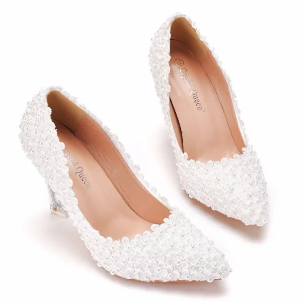 Elegant White Lace Flower Wedding Shoes 2022 Wedding Pearl 9 cm Stiletto Heels Pointed Toe Pumps High Heels