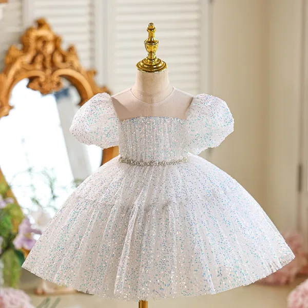 Lovely Blushing Pink Sequins Birthday Short Flower Girl Dresses 2026 Ball Gown Scoop Neck Puffy Short Sleeve