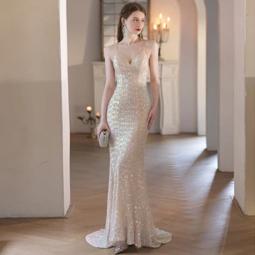 Sexy Scintillantes Doré Paillettes Robe De Soirée 2023 Trompette Sirène Bretelles Spaghetti Sans Manches Dos Nu Train De Balayage Soirée Robe De Ceremonie