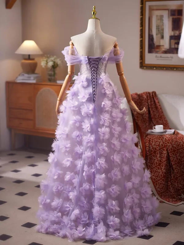 Flower Fairy Lavender Beading Appliques Sequins Prom Dresses 2025 A-Line / Princess Off-The-Shoulder Short Sleeve Backless Floor-Length / Long Formal Dresses