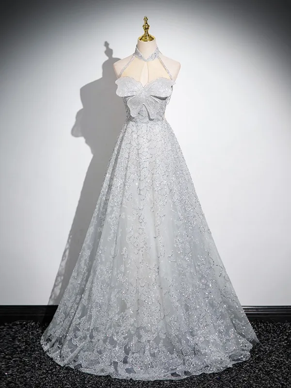 Mode Gris Perlage Paillettes Robe De Bal 2024 Princesse Col Haut Papillon Sans Manches Dos Nu Longue Promo Robe De Ceremonie