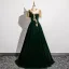 Elegant Dark Green Beading Lace Flower Velvet Prom Dresses 2025 Ball Gown Scoop Neck Short Sleeve Backless Floor-Length / Long Prom Formal Dresses