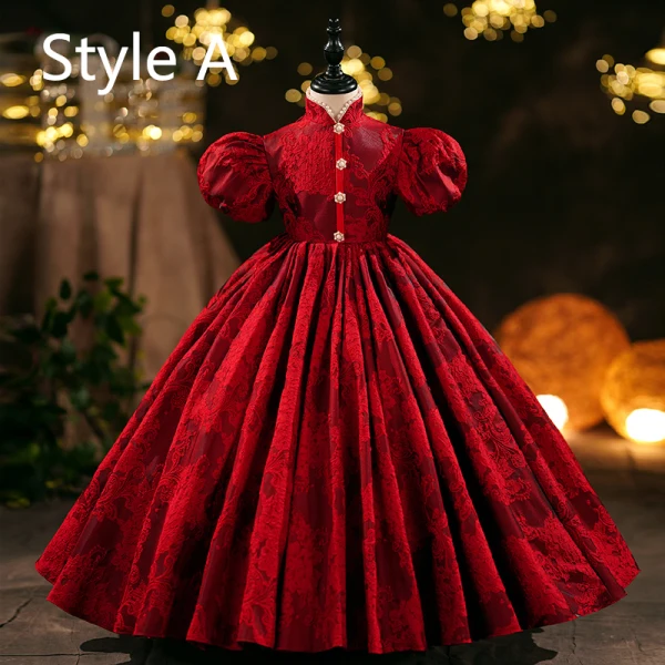 Elegant Burgundy Lace Flower Birthday Flower Girl Dresses 2024 Ball Gown High Neck Short Sleeve Floor-Length / Long