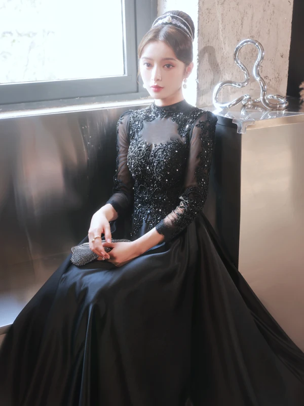 Vintage / Retro Black Beading Rhinestone Sequins Evening Dresses 2023 A-Line / Princess High Neck 3/4 Sleeve Floor-Length / Long Evening Party Formal Dresses