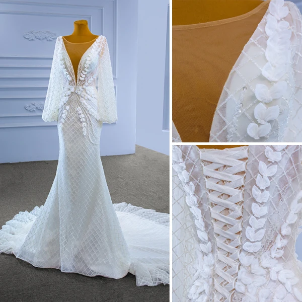 Charmant High End Weiß Perlenstickerei Strass Pailletten Applikationen Brautkleider / Hochzeitskleider 2022 Meerjungfrau Rundhalsausschnitt Lange Ärmel Rückenfreies Lange Hochzeit
