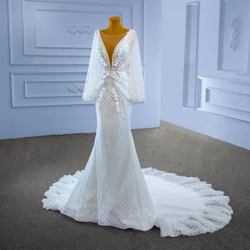 Charmant High End Witte Kralen Rhinestone Pailletten Appliques Trouwjurken 2022 Trompet Zeemeermin Ronde Hals Lange Mouwen Ruglooze Lange Huwelijk