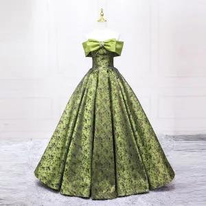 Vintage Retro Sage Green Printing Prom Dresses Ball Gown 2025 Strapless Bow Sleeveless Backless Floor Length Long Prom Formal Dresses
