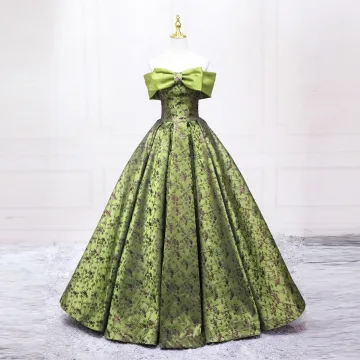 Vintage Originale Vert Cendré Impression Robe De Bal Robe Boule 2025 Bustier Noeud Sans Manches Dos Nu Longue Promo Robe De Ceremonie