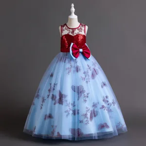 Chic Beautiful Sky Blue Lace Flower Sequins Flower Girl Dresses 2024 Ball Gown Birthday Sleeveless Scoop Neck Bow Floor Length Long