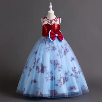 Chic Beautiful Sky Blue Lace Flower Sequins Flower Girl Dresses 2024 Ball Gown Birthday Sleeveless Scoop Neck Bow Floor Length Long