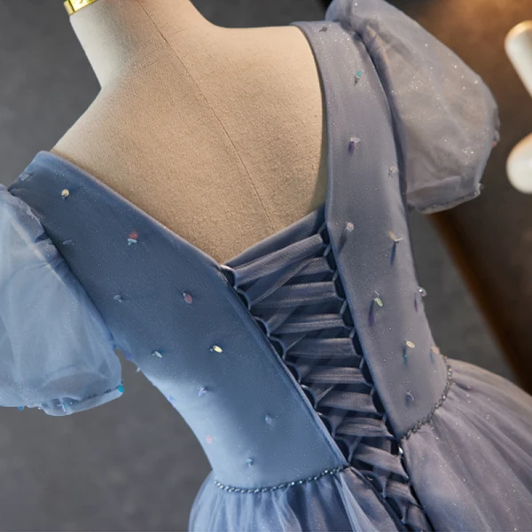 Chic / Beautiful Sky Blue Beading Rhinestone Prom Dresses 2023 A-Line / Princess V-Neck Puffy Short Sleeve Backless Floor-Length / Long Prom Formal Dresses