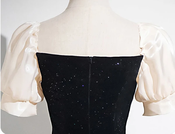 Elegante Schwarz Glanz Ballkleider 2024 A Linie Eckiger Ausschnitt Kurze Ärmel Rückenfreies Lange Ball Festliche Kleider