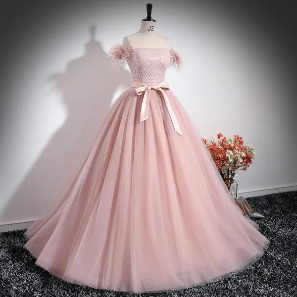 Charming Blushing Pink Beading Tassel Prom Dresses 2024 Ball Gown Strapless Sleeveless Backless Bow Sash Floor-Length / Long Prom Formal Dresses
