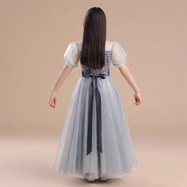 Sparkly Grey Star Sequins Prom Flower Girl Dresses 2022 A-Line / Princess Scoop Neck Short Sleeve Sash Bow Floor-Length / Long Flower Girl Dresses