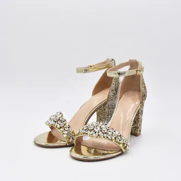 Charmant Glitter Goud Rhinestone Pailletten Bruidsschoenen 2022 Enkelband 10 Cm Dikke Hak Peep Toe Huwelijk Sandalen Hoge Hakken