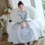 Medieval Sky Blue Printing Birthday Flower Girl Dresses 2023 A-Line / Princess Scoop Neck Pearl Bow Bell sleeves Floor-Length / Long Flower Girl Dresses