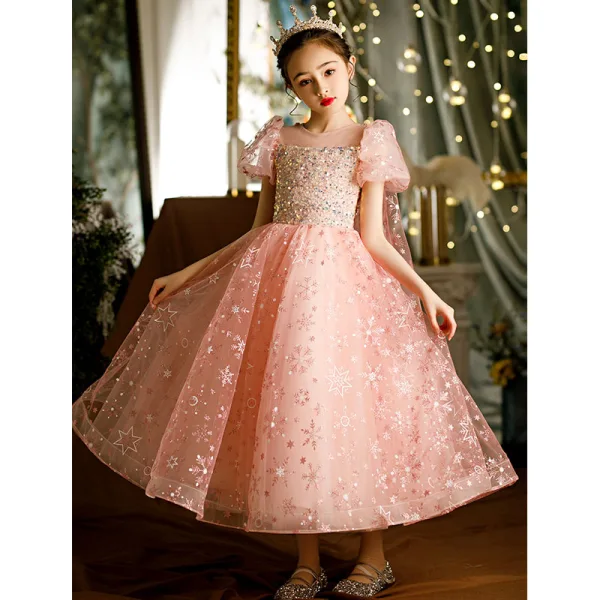 Chic / Beautiful Candy Pink Beading Star Sequins Flower Girl Dresses 2022 A-Line / Princess Scoop Neck Short Sleeve Floor-Length / Long Prom