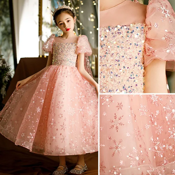 Chic / Beautiful Candy Pink Beading Star Sequins Flower Girl Dresses 2022 A-Line / Princess Scoop Neck Short Sleeve Floor-Length / Long Prom