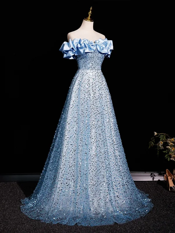 Glitzernden Himmelblau Perlenstickerei Perle Pailletten Ballkleider 2025 A Linie Off Shoulder Kurze Ärmel Rückenfreies Sweep / Pinsel Zug Ball Festliche Kleider