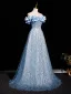 Glitzernden Himmelblau Perlenstickerei Perle Pailletten Ballkleider 2025 A Linie Off Shoulder Kurze Ärmel Rückenfreies Sweep / Pinsel Zug Ball Festliche Kleider
