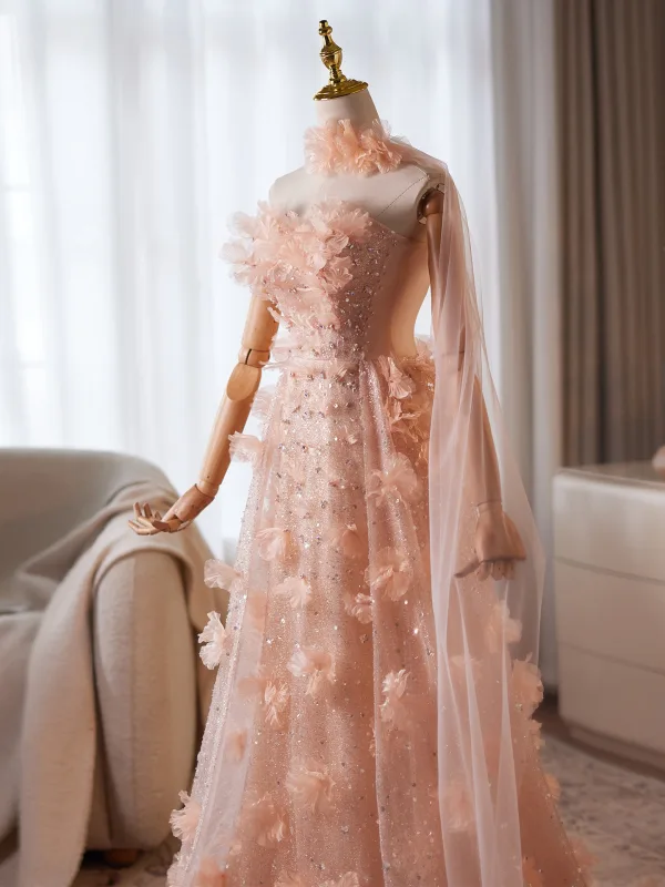 Charming Blushing Pink Appliques Glitter Pearl Rhinestone Prom Dresses 2026 A-Line / Princess Strapless Sleeveless Backless Floor-Length / Long Prom Formal Dresses