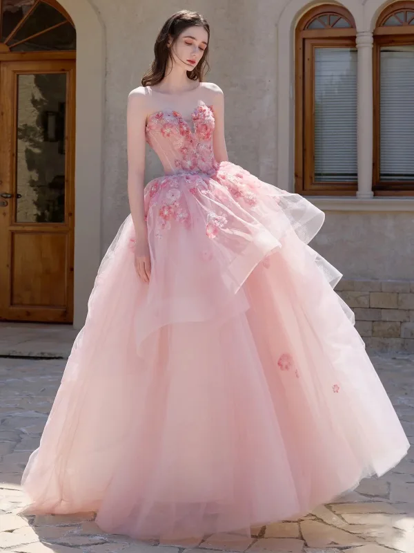 Flower Fairy Blushing Pink Appliques Prom Dresses 2025 Ball Gown Strapless Sleeveless Backless Floor-Length / Long Formal Dresses
